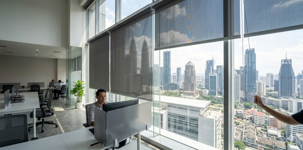 sleek commercial roller blinds installed in a modern corporate office in kuala lumpur to reduce screen glare h