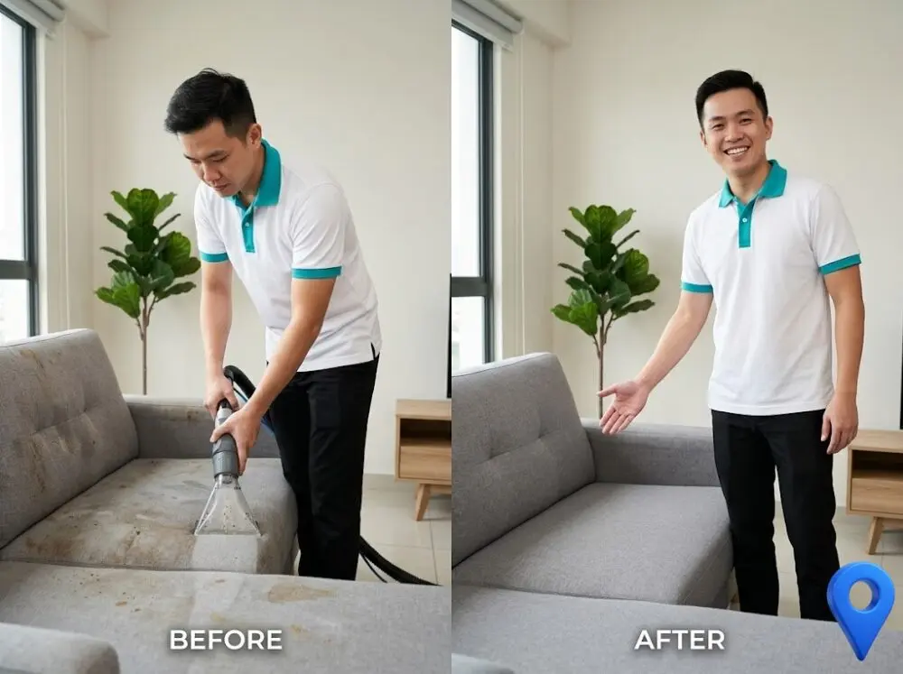 Before and after professional sofa cleaning service in Klang Valley Malaysia