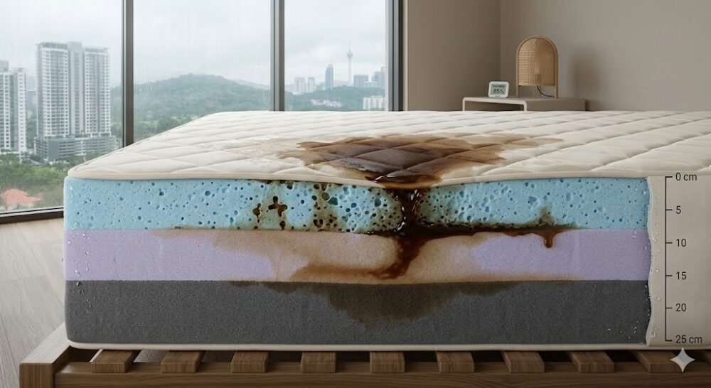 coffee spill moisture penetrating mattress foam layers Malaysia condo