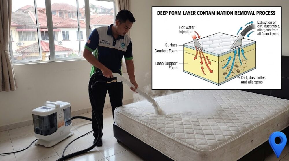 Professional Steam/Hot Water Extraction mattress cleaning being performed in a Subang Jaya condominium bedroom