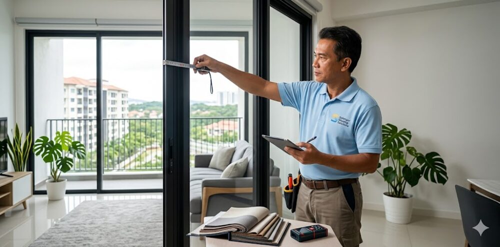 Professional technician taking precise measurements for a custom window blind installation in a Selangor residence.