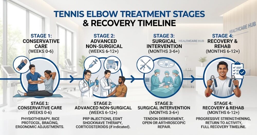 tennis elbow treatment stages Malaysia physiotherapy PRP ESWT surgery recovery timeline