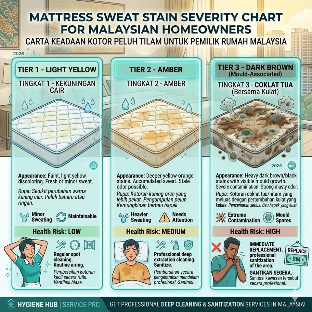 Three-tier mattress sweat stain severity chart for Malaysian homeowners showing light yellow, amber, and dark brown mould-associated staining