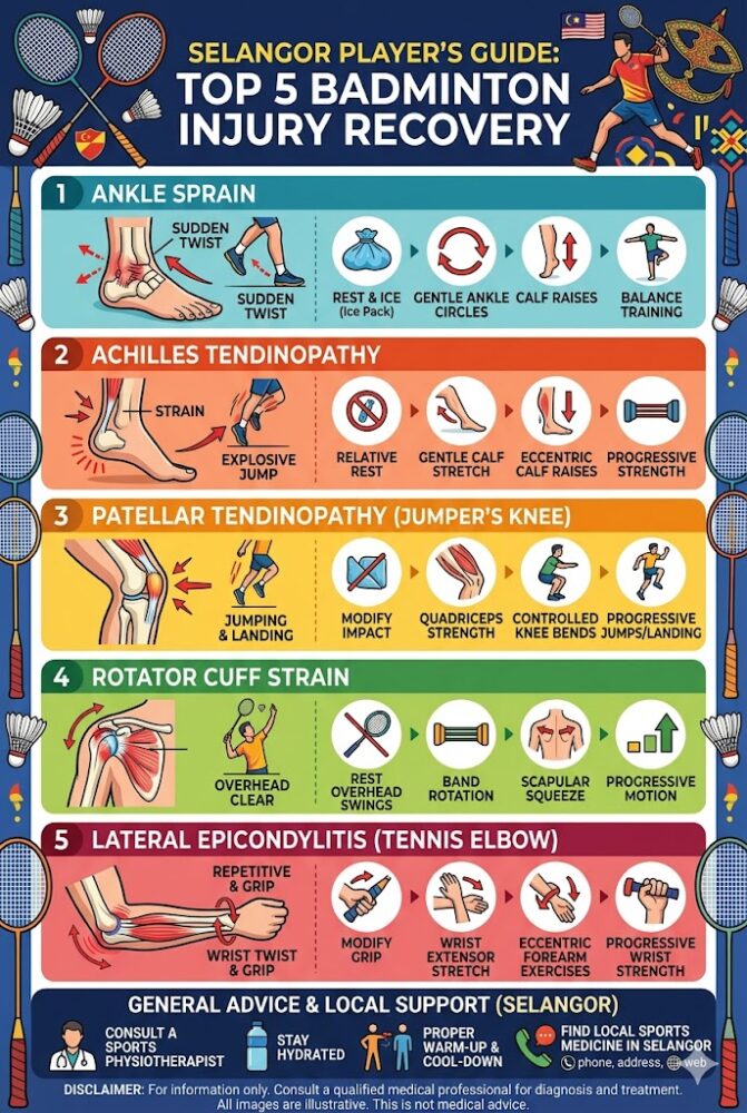 Top 5 badminton injuries in Malaysia &mdash; ankle sprain, Achilles tendinopathy, patellar tendinopathy, rotator cuff strain, and lateral epicondylitis &mdash; recovery guide for Selangor players