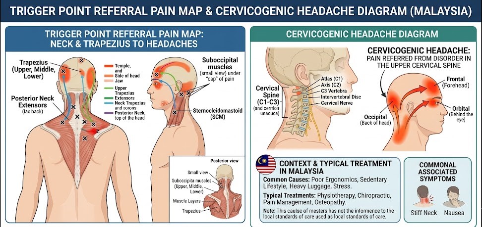 Trigger point referral pain map showing how neck and trapezius trigger points cause headaches &mdash; cervicogenic headache diagram Malaysia