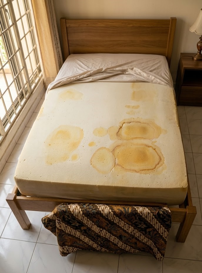 Yellow sweat stains on memory foam mattress in Malaysian home showing amber discolouration from oxidised urea and sebum accumulation
