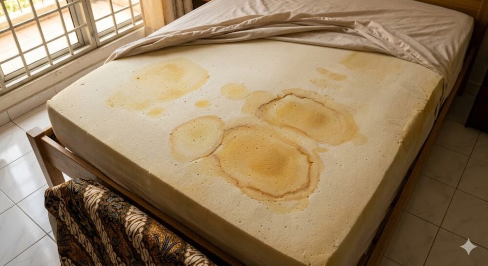 yellow sweat stains on memory foam mattress in malaysian home showing amber discolouration from oxidised urea and sebum accumulation