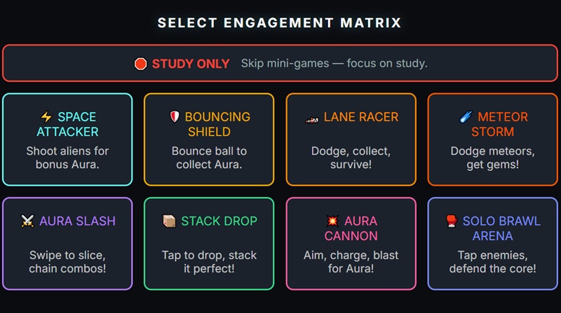 Grid of the eight Aura Tycoon arcade mini-games unlocked by answering questions correctly