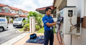 aircond service in puchong certified technician performing service with professional tools