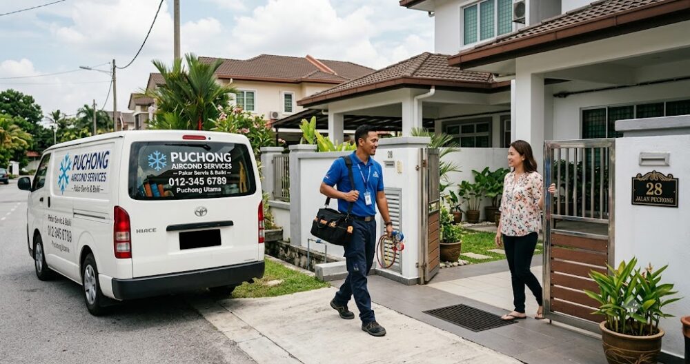 Professional Aircond Service in Puchong - technician arriving at Malaysian home