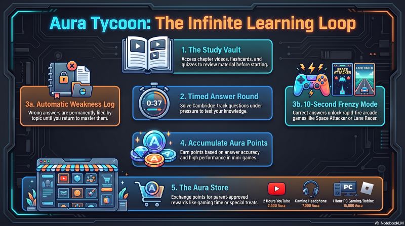 Diagram of the Aura Tycoon learning loop: Study Vault, timed answer round, Weakness Log for wrong answers, Frenzy Mode for correct ones, Aura Points, and the Aura Store