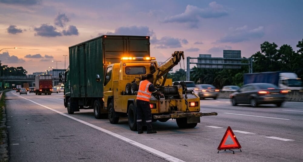 24-hour roadside recovery tow truck loading a commercial lorry on a Malaysian highway - Service Pro Automotive Hub open territory