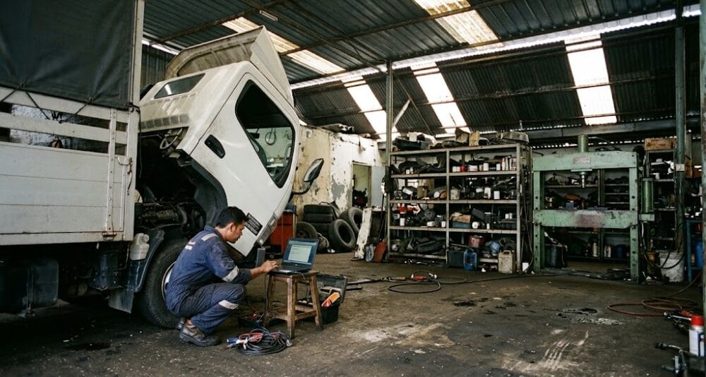 A & M Teguh Lorry workshop in Kepong carrying out commercial vehicle engine diagnostics - Service Pro verified automotive partner