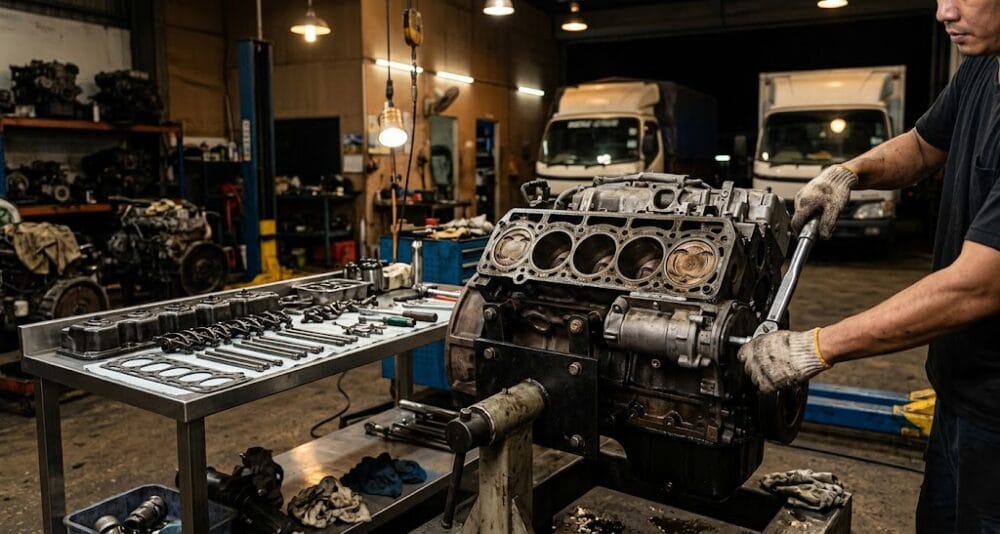 A & M Teguh Lorry workshop in Kepong performing an Isuzu Hino and Fuso fleet engine overhaul - Service Pro verified automotive partner