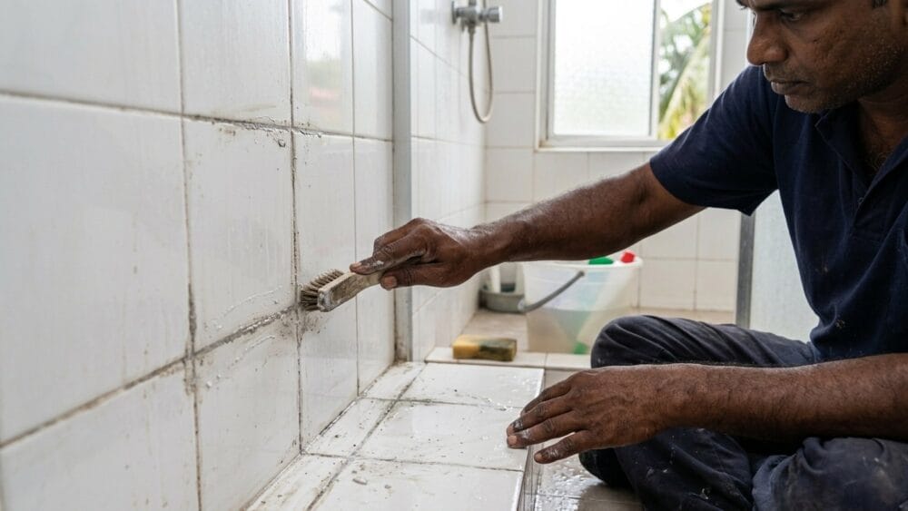 Close view of bathroom tile grout lines being treated without removing the tiles