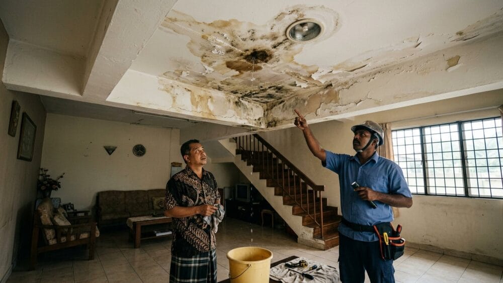 Kesan air bocor pada siling di bawah bilik air sebuah rumah di Shah Alam