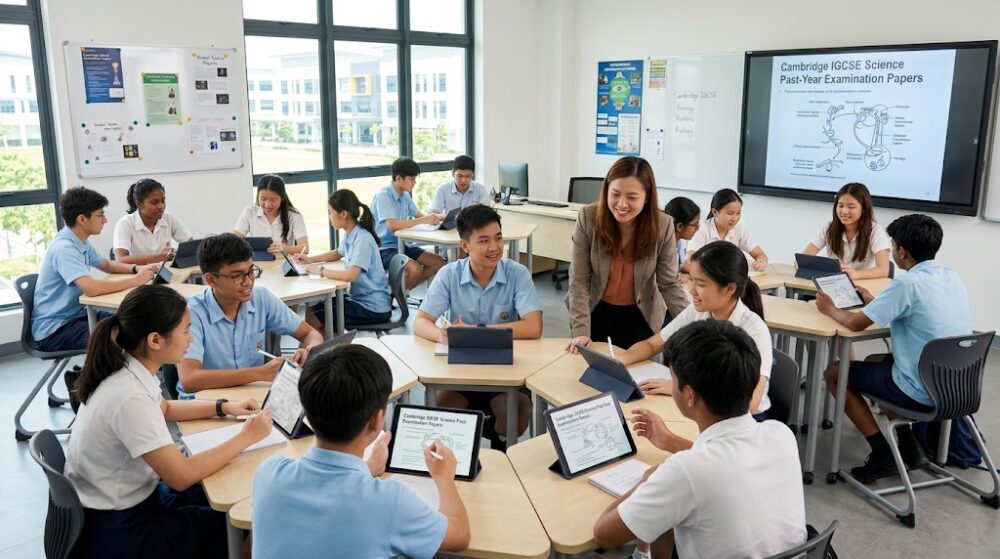 Secondary students comparing Cambridge IGCSE and national school textbooks in Puchong classroom