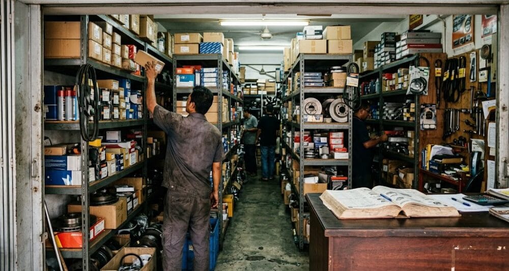 Car spare parts supply counter and stock shelves in the Klang Valley Malaysia - Service Pro Automotive Hub open territory