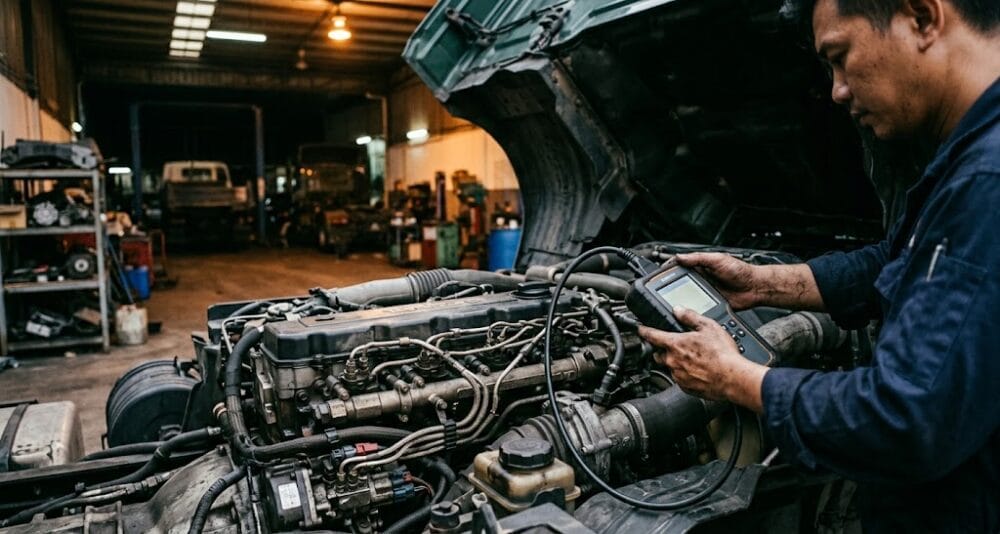 Commercial lorry engine diagnostics being carried out in a verified workshop bay in Kepong Kuala Lumpur