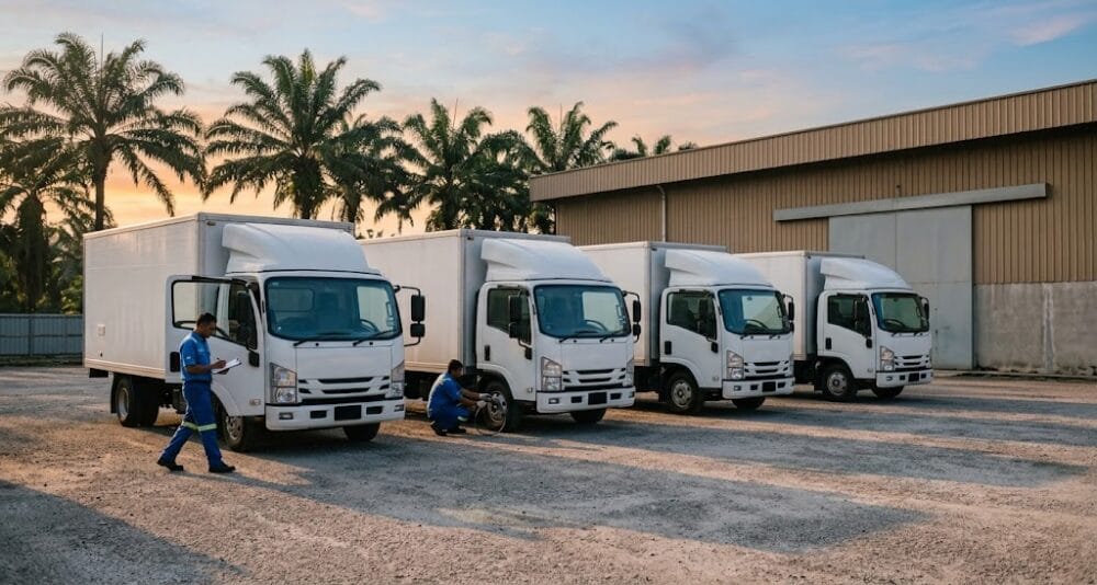 Delivery lorry fleet undergoing preventive maintenance inspection in Selangor Malaysia - Service Pro Automotive Hub open territory