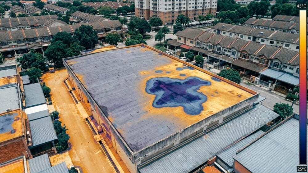 Drone thermal survey of a flat roof showing a wet patch under the membrane
