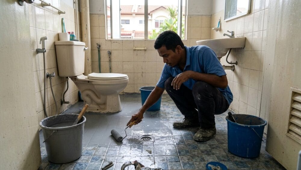 Non-hacking waterproofing being applied to a tiled bathroom floor