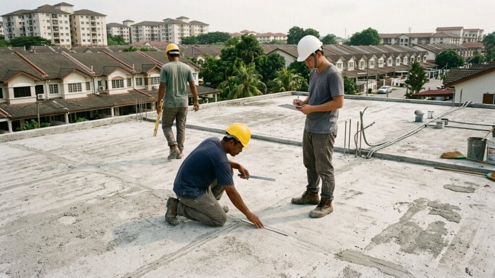 EI crew checking a concrete roof slab for cracks before waterproofing in Shah Alam