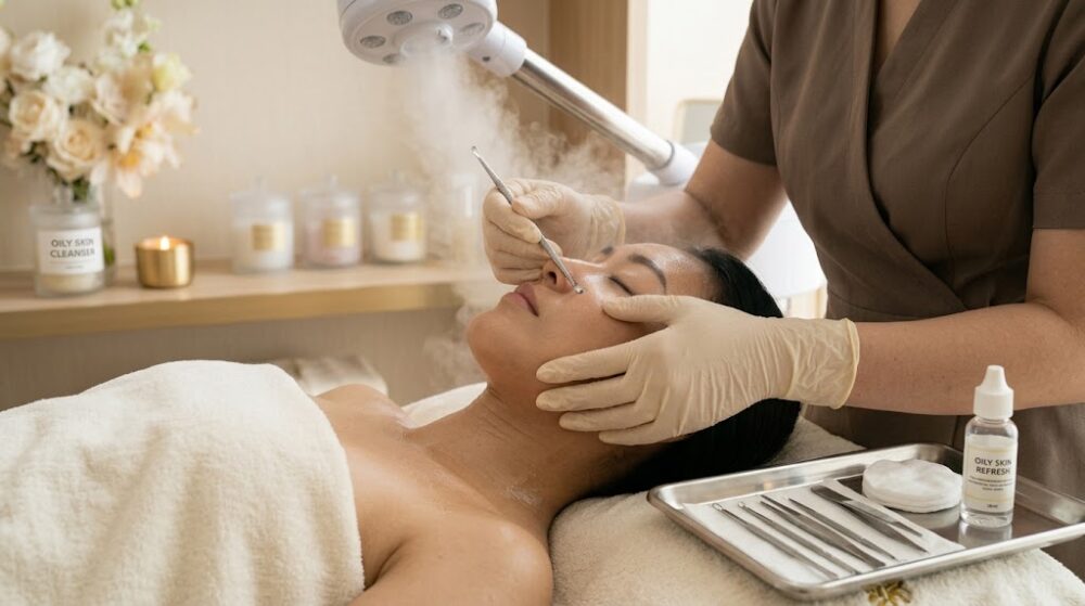 Gentle extraction and steam facial for oily congested skin