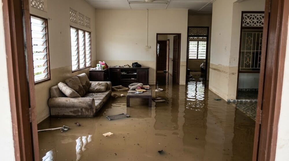 Floodwater inside the living room of a Malaysian terrace house, with a sofa and cabinets standing in muddy water