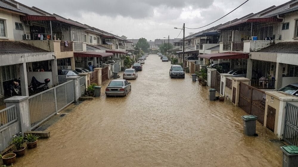 Flooded residential street in the Klang Valley during monsoon rain, with cars parked in shallow water