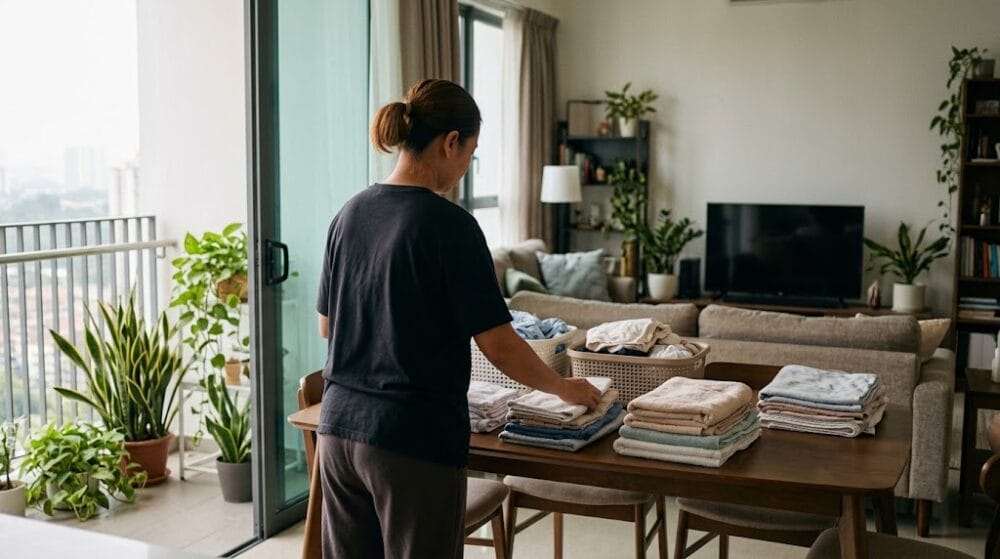 Foreign domestic helper folding laundry in the living room of a Malaysian condominium