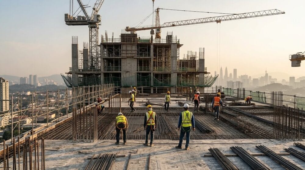 Foreign construction workers in hard hats on a high-rise building site in the Klang Valley, Malaysia