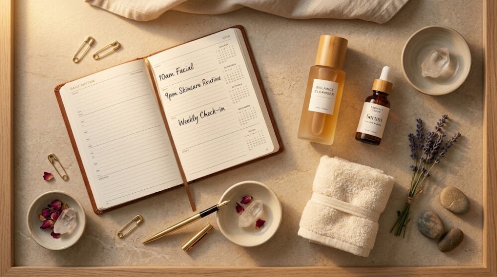 Facial routine and skincare planning flatlay