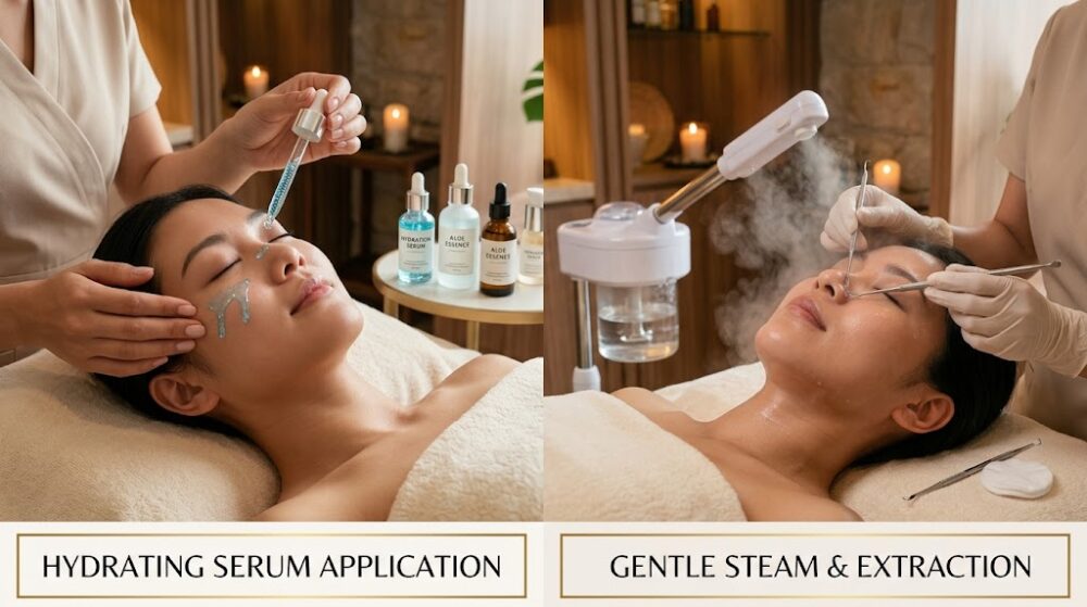 Hydrating serum application compared with steam and gentle extraction during a deep cleansing facial