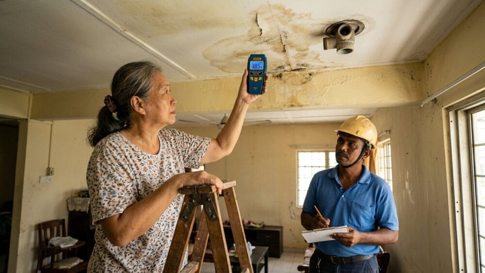 Moisture meter reading on a condo ceiling directly below an upstairs bathroom floor trap