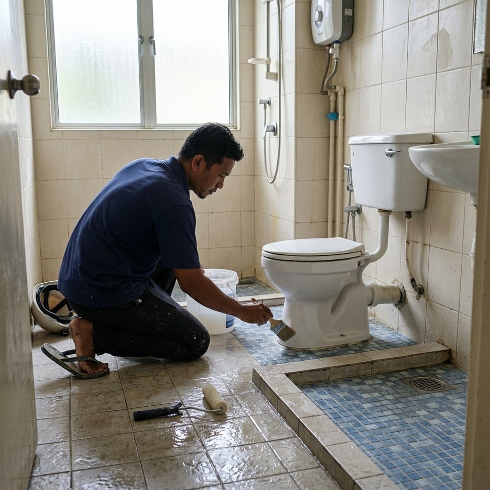 Lantai bilik air dirawat dengan kalis air tanpa memecahkan jubin sedia ada