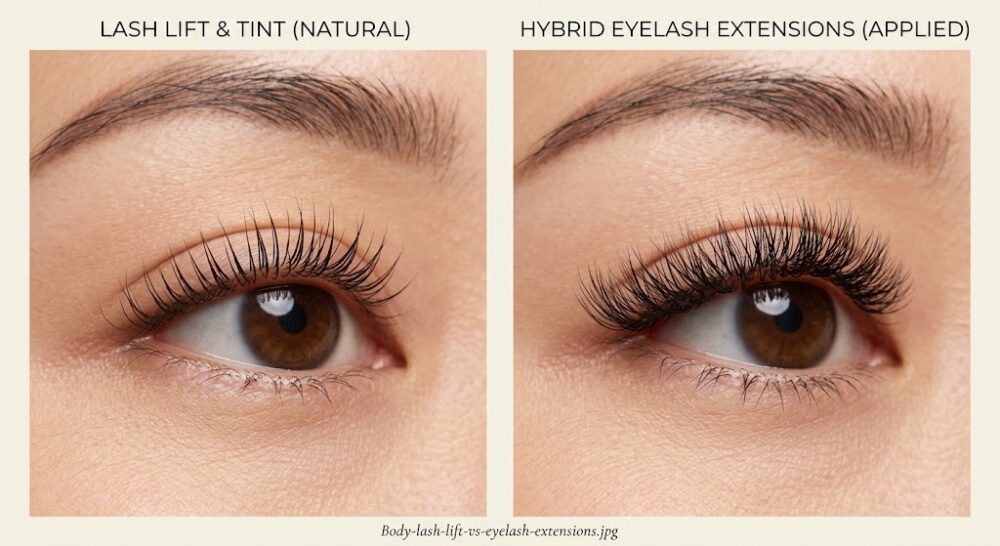 Lifted natural lashes compared with eyelash extensions