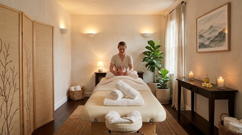 Calm treatment room during a lymphatic drainage facial