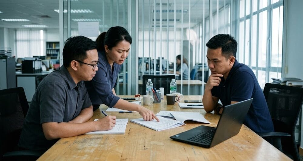 Malaysian SME team reviewing a compliance software handover document and data export terms