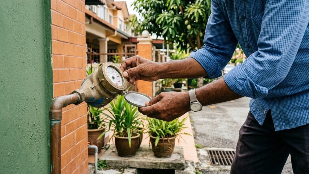 Tangan membaca meter air di luar rumah untuk menyemak kebocoran paip dalaman
