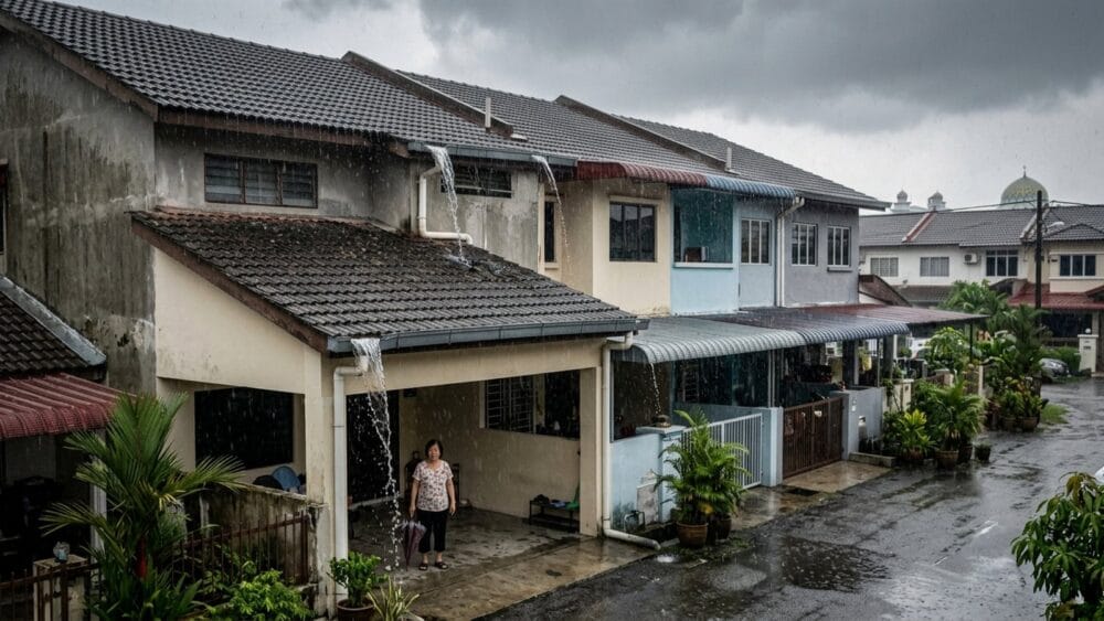 Afternoon thunderstorm rain running off a terrace house roof in Shah Alam