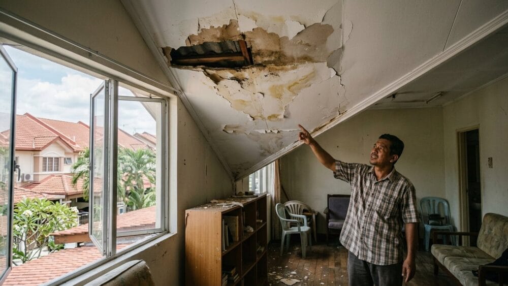 Siling plaster yang mengelupas akibat bocor dari bumbung