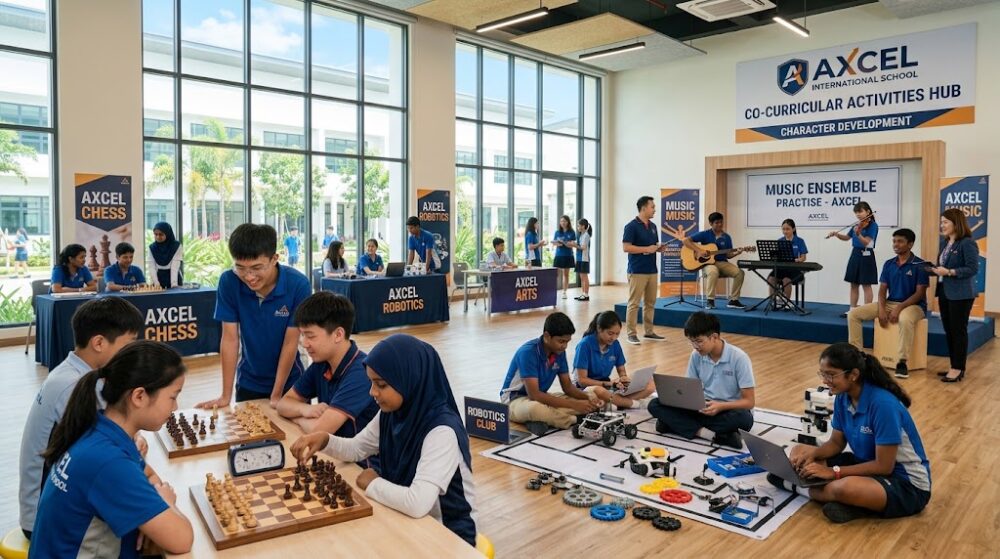 Students engaging in robotics, science experiments, and sports at Axcel Puchong