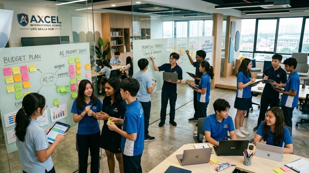 Students engaging in business pitching, budgeting simulations, and AI workshops at Axcel Puchong