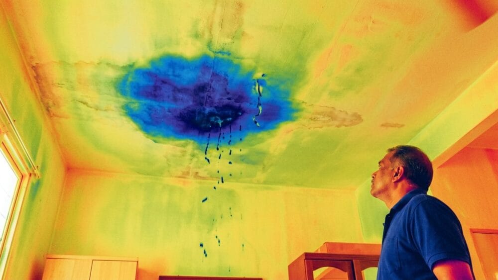 Thermal image of a ceiling showing a cold damp patch below a bathroom