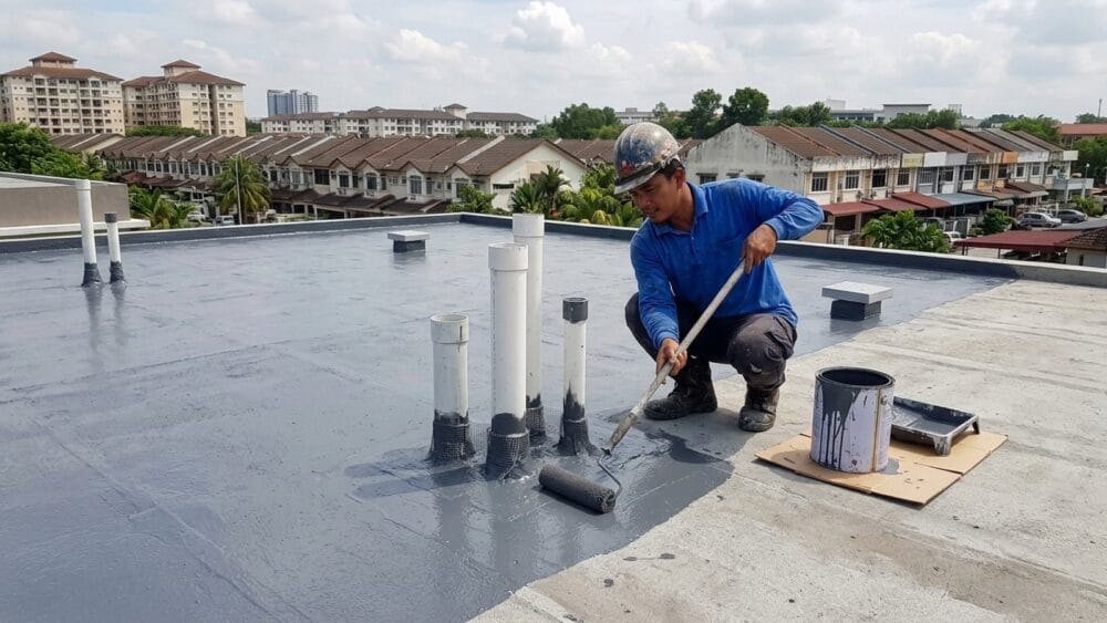 Liquid PU membrane being rolled around pipe upstands on a flat roof