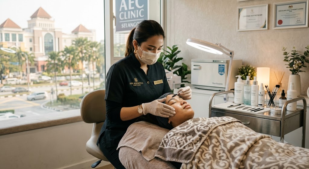 Certified aesthetician performing a facial and eyebrow treatment in Shah Alam Malaysia — Service Pro Wellness Hub aesthetic pillar expanding Selangor