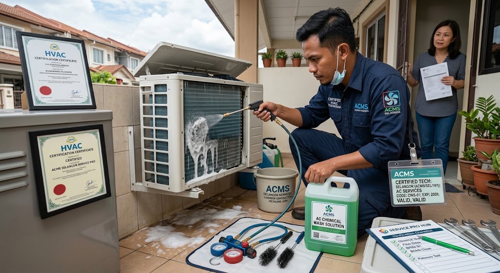 Certified aircond technician performing chemical wash servicing on a residential unit in Selangor Malaysia — Service Pro Home Service Hub aircond pillar expanding Klang Valley