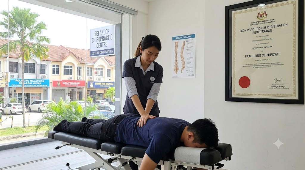 Certified chiropractor performing spinal alignment adjustment in Selangor Malaysia — Service Pro Wellness Hub chiropractic pillar expanding Klang Valley