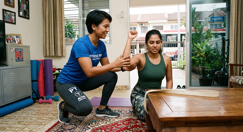 Certified personal trainer leading a home fitness session in Petaling Jaya Malaysia — Service Pro Wellness Hub fitness pillar expanding Klang Valley